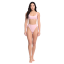 Woman wearing a baby pink bikini on a white background