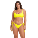 Woman wearing a yellow bikini set on a white background