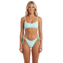Woman wearing a mint green bikini set on a white background, front view