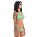 Model wearing Bright and Pastel Green two-tone Bikini Bottom, side view on a white background