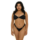 Woman wearing a black bikini on a white background