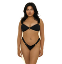Woman wearing a black bikini on a white background