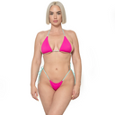 Model wearing Pink and Blue Girls Trip triangle bikini top, front view

