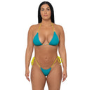 Model wearing Teal and Neon Girls Trip triangle bikini top, front view