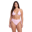 Woman wearing a pink bikini on a white background, front view