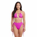 Woman wearing a pink bikini set on a white background