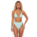 Woman wearing a mint green bikini on a white background