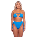 Woman wearing a blue bikini set on a white background
