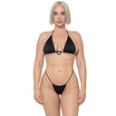 Model wearing Black Infatuation micro triangle bikini top with heart detail, front view
