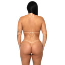Model wearing Peach Infatuation micro triangle bikini with heart detail, back view
