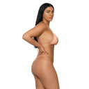 Model wearing Peach Infatuation micro triangle bikini top with heart detail, side view
