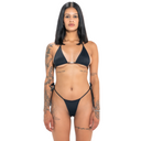 woman wearing black triangle bikini against a white background