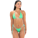 Model wearing Bright and Pastel Green two-tone OG [drip] Triangle Bikini Top, front view on a white background