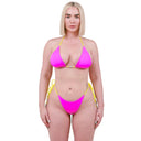 Woman wearing a pink and yellow bikini on a white background front view