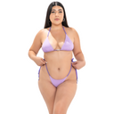 Model wearing Soft Purple OG [drip] triangle bikini top, front view on a white background
