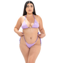 Model wearing Soft Purple two-tone OG [drip] bikini bottom with dark purple straps, front view
