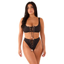 Model wearing Black Snatched high-waisted bikini bottom, front view
