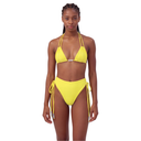 Woman wearing a yellow bikini set on a white background, front view