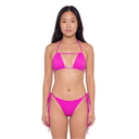 Woman wearing a bright pink bikini set on a white background