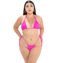 Model wearing Hot Pink Triple Take Bikini Top styled as double straps up on a white background
