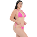 Model wearing Hot Pink Triple Take Bikini Top side view on a white background