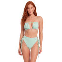Woman wearing a mint green bikini set on a white background, front view