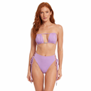 Woman wearing a pastel purple bikini on a white background, front view