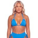 Woman wearing a blue bikini against a white background