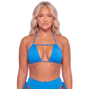 Woman wearing a blue bikini against a white background