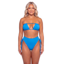 Woman wearing a blue bikini set on a white background