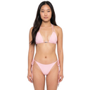 a woman wearing a baby pink bikini to on a white background